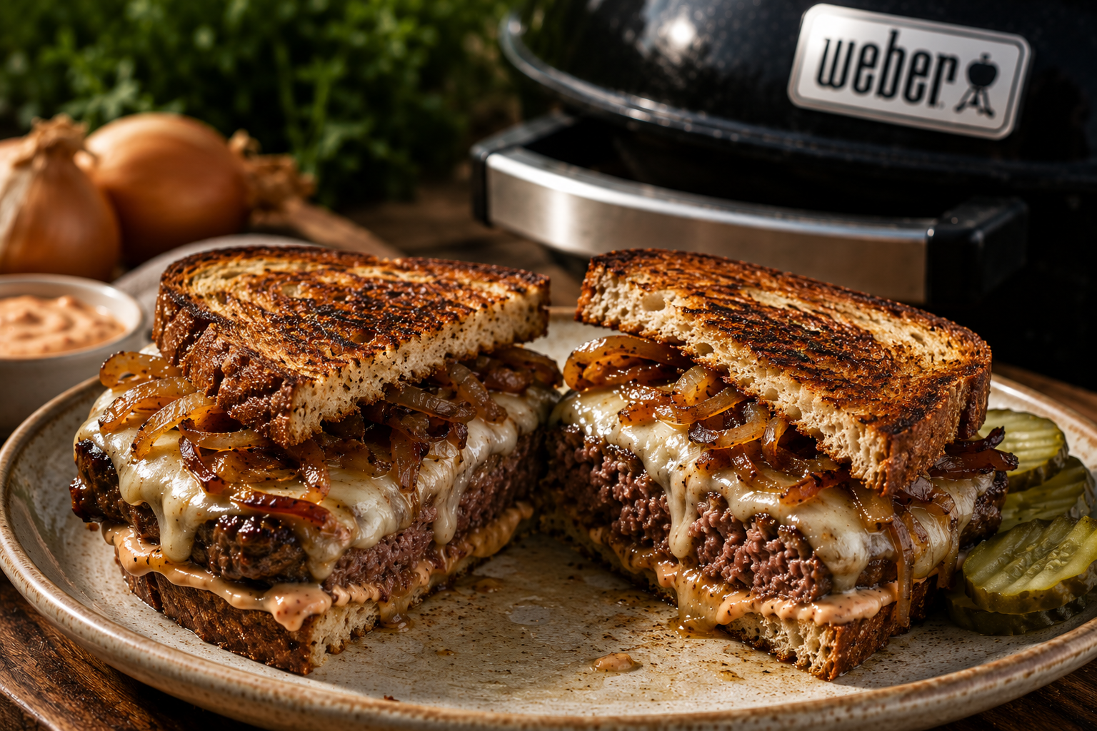 Patty Melt Burger с карамелизиран лук и швейцарско сирене