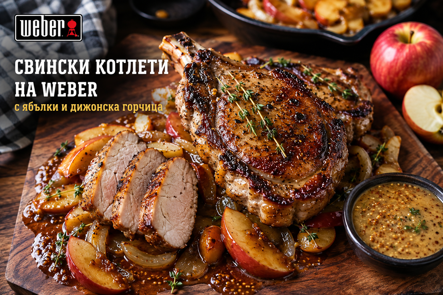 Свински котлети на Weber с ябълки и дижонска горчица